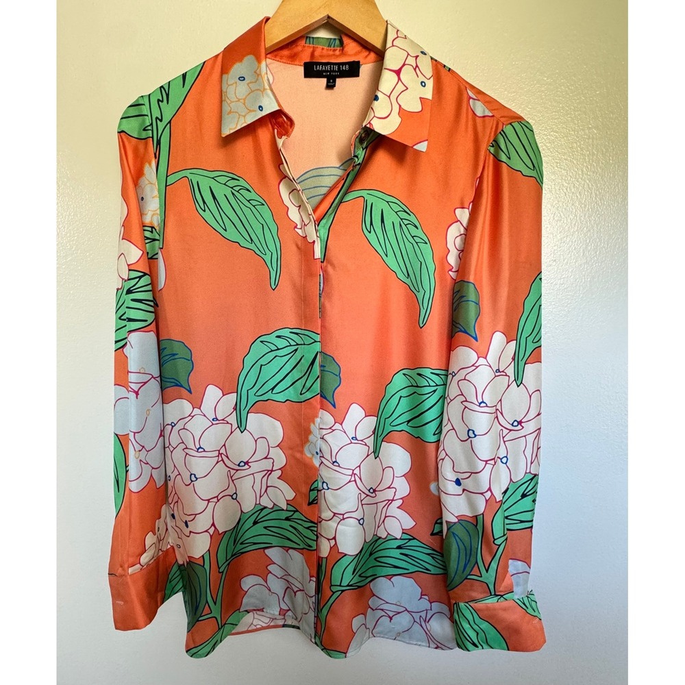Lafayette 148 New York Womens S 100% Silk Floral Button Down Blouse Orange Green